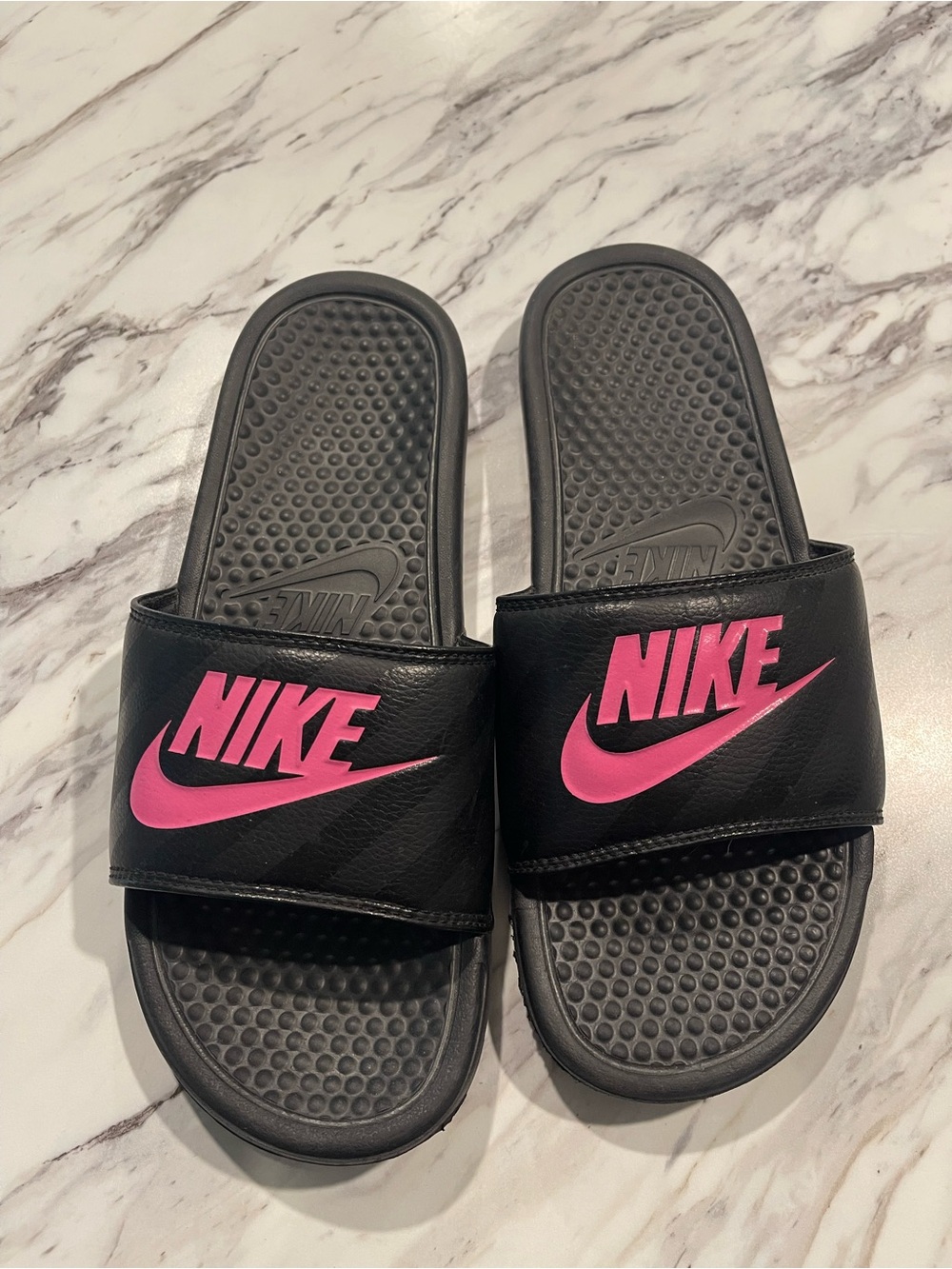 Nike Mens Black Slide Sandals with Pink Logo